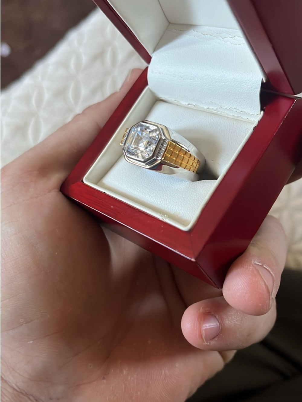 Stunning Two-Tone Men's Ring with Large Square-Cut Simulated diamond 14ktgp